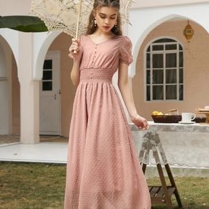 Shein Swiss Dot Shirred Waist Puff Sleeve A-line Dress